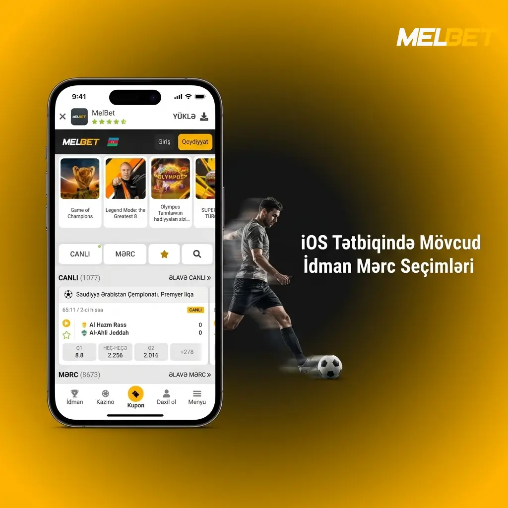 Melbet iOS tətbiqində futbol, basketbol, tennis və digər 70+ idman növü üzrə mərc seçimləri