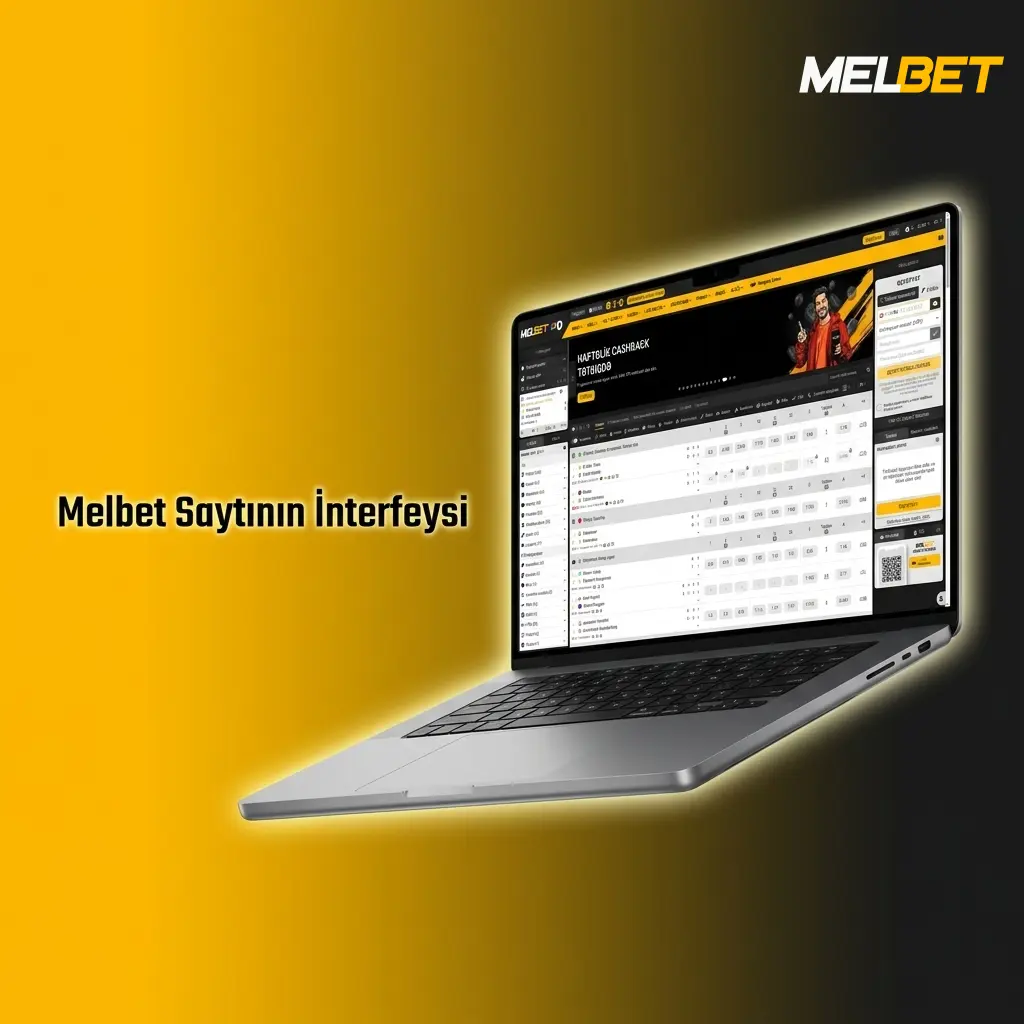 Melbet saytının qaranlıq interfeysi, yuxarı naviqasiya paneli və qeydiyyat düymələri ilə