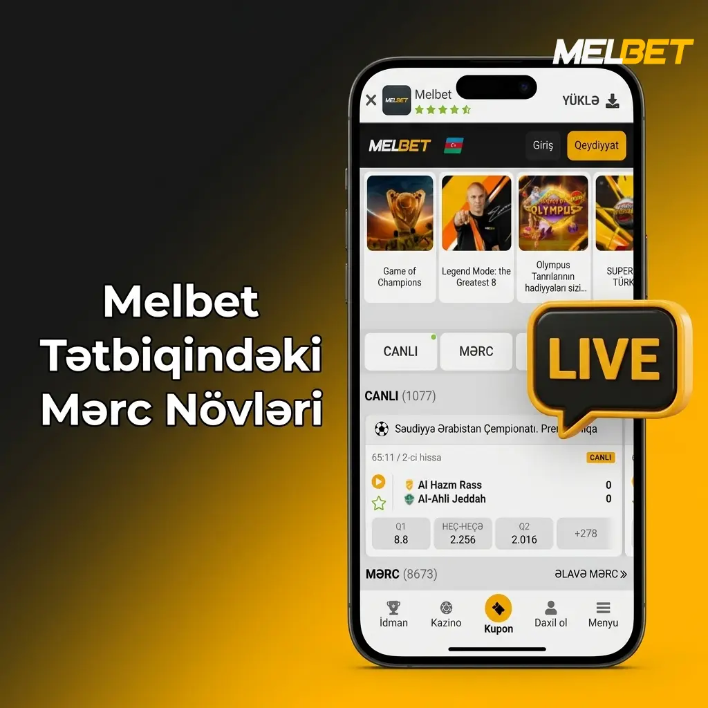 Melbet tətbiqində tək, ekspres, sistem, canlı və uzunmüddətli mərc növləri